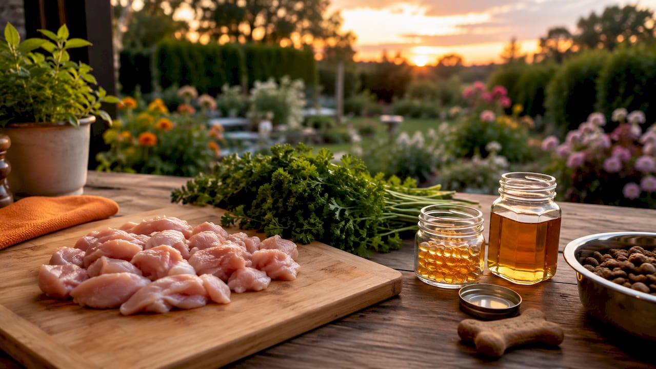 Detailfoto van verse ingrediënten en voedingssupplementen voor een gezonde hondenmaaltijd