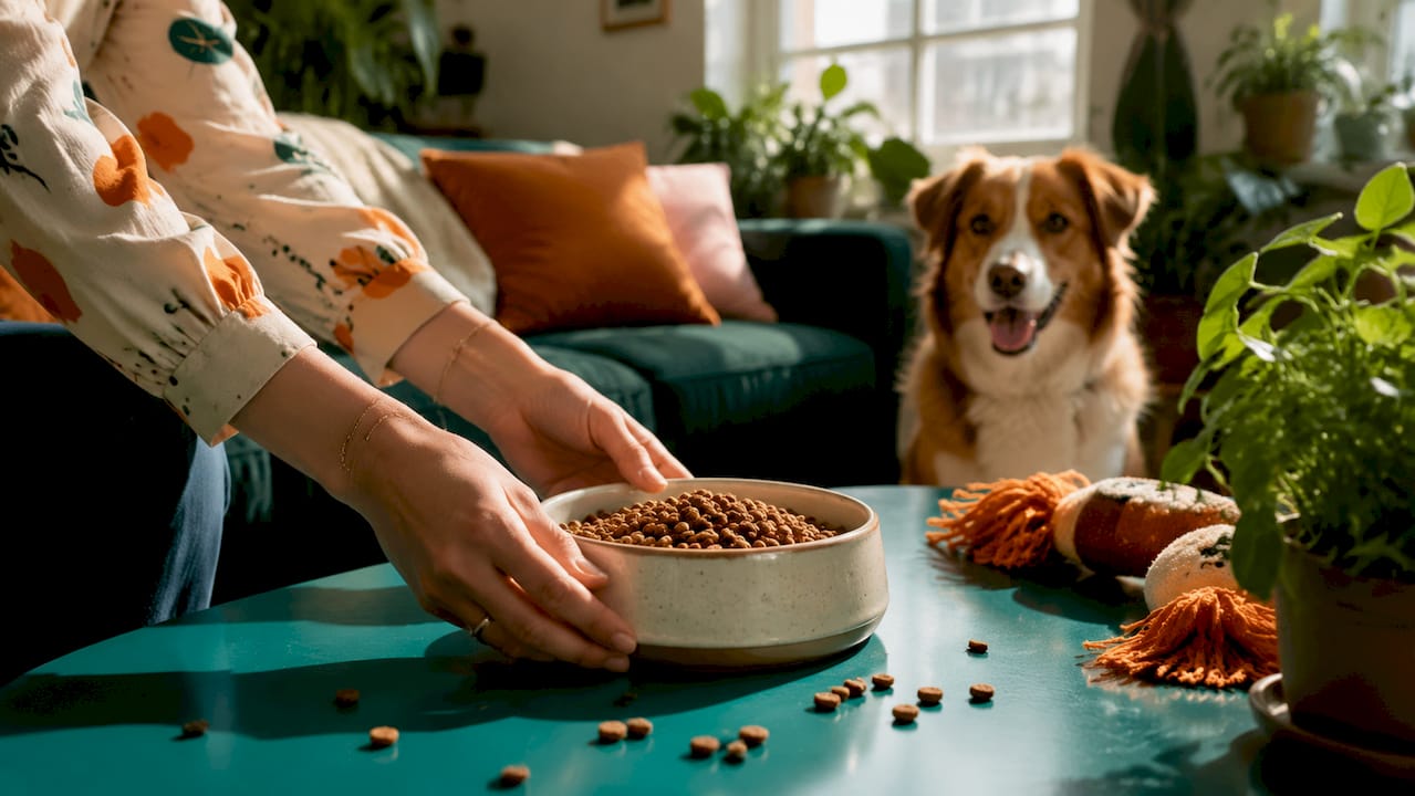 Een voerbak gevuld met brokjes op basis van insecteneiwit voor je hond.
