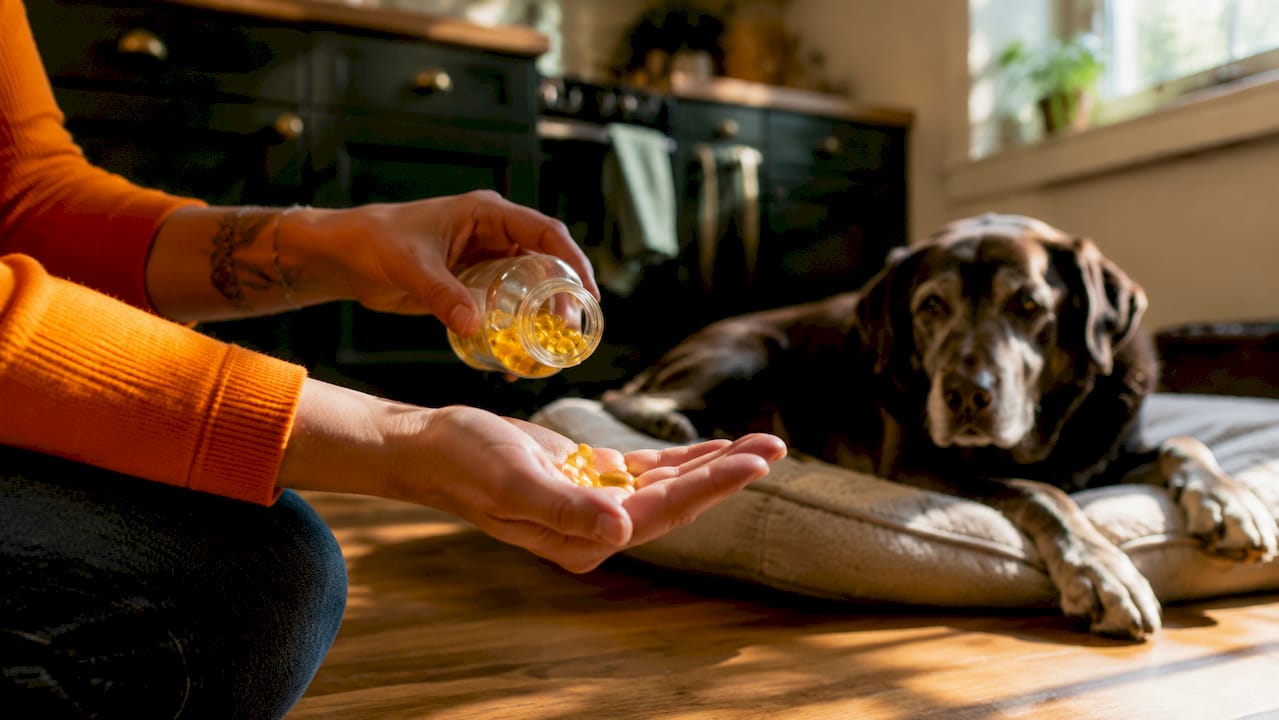 Iemand schenkt omega-3 capsules in de hand als voedingssupplement voor een oudere hond.