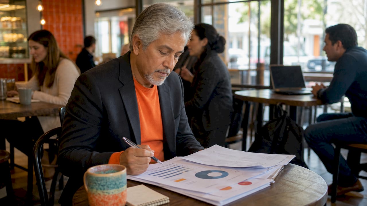 Executive coach preparing feedback notes at desk
