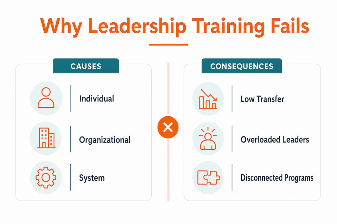 Infographic contrasting causes and consequences of leadership training failure