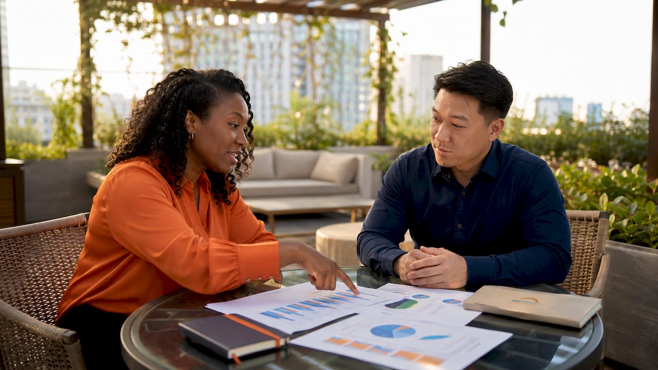 Two professionals discussing recruitment strategies