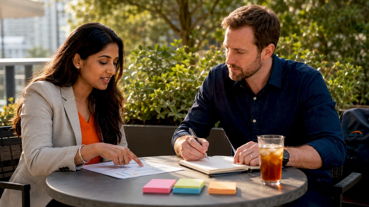 Two professionals discussing coaching goals at table