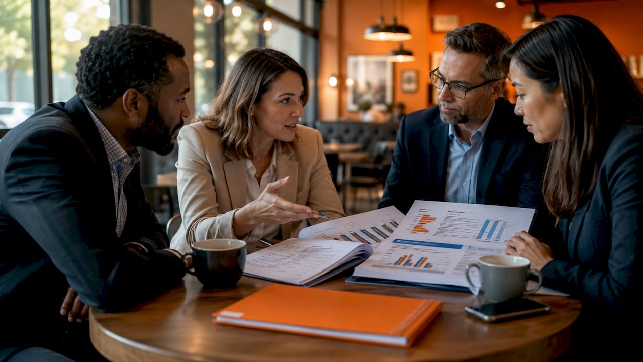 Executives discussing leadership program reports in meeting room