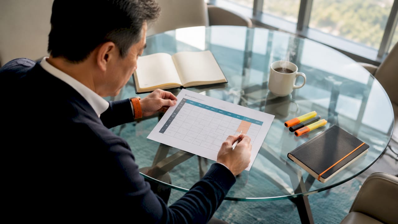 Man examining leadership program schedule in training room