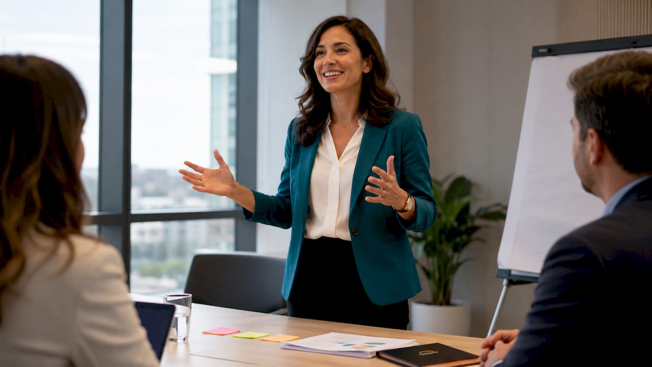Trainer pointing to leadership notes in session
