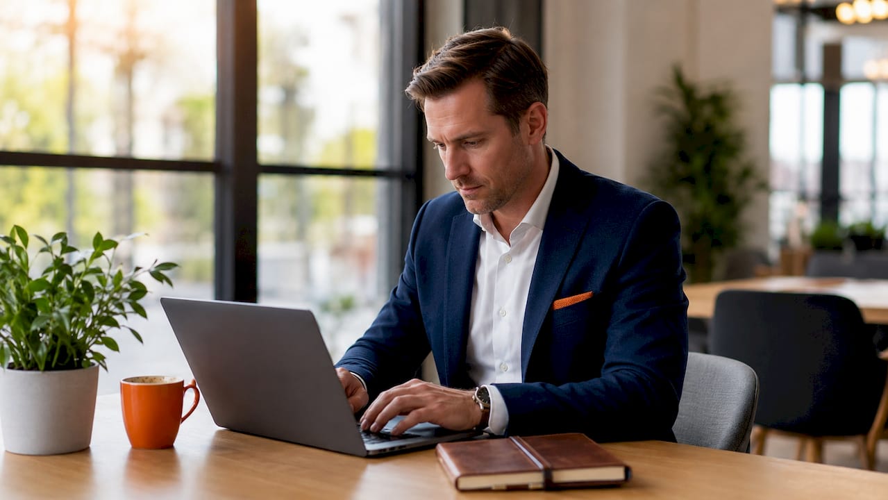 Executive typing at home office desk