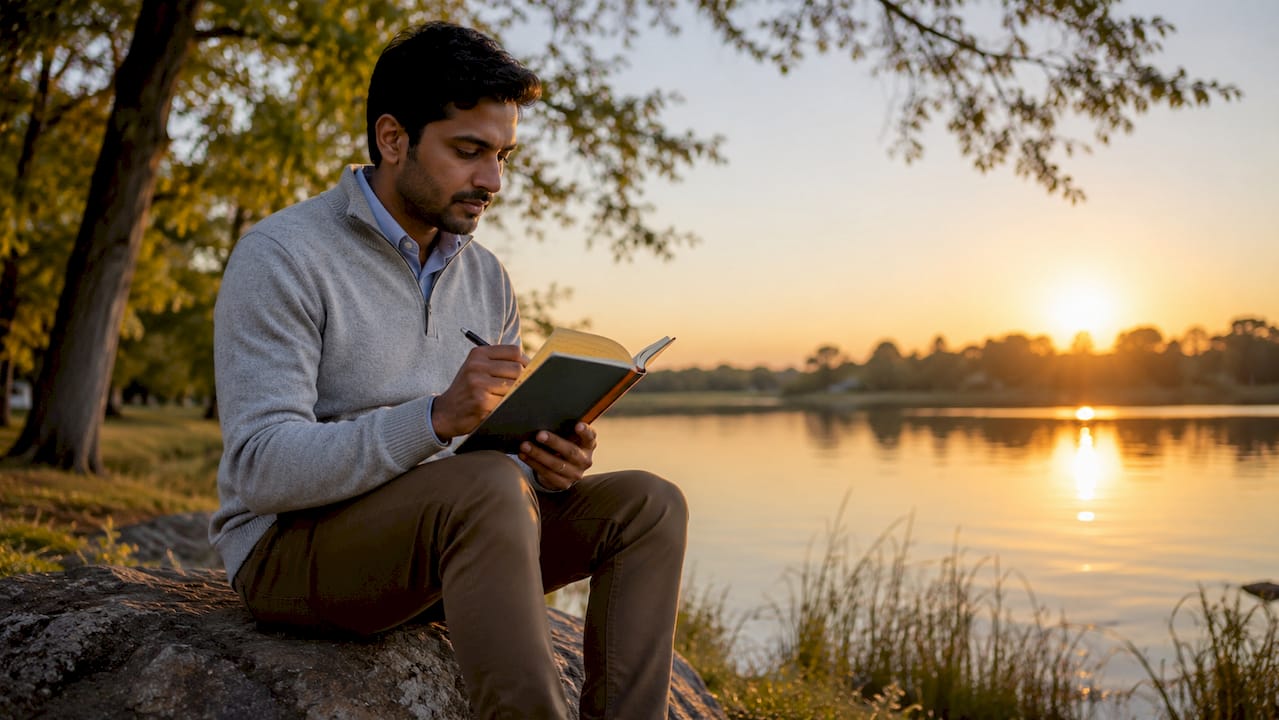 Leader reflecting with journal in park