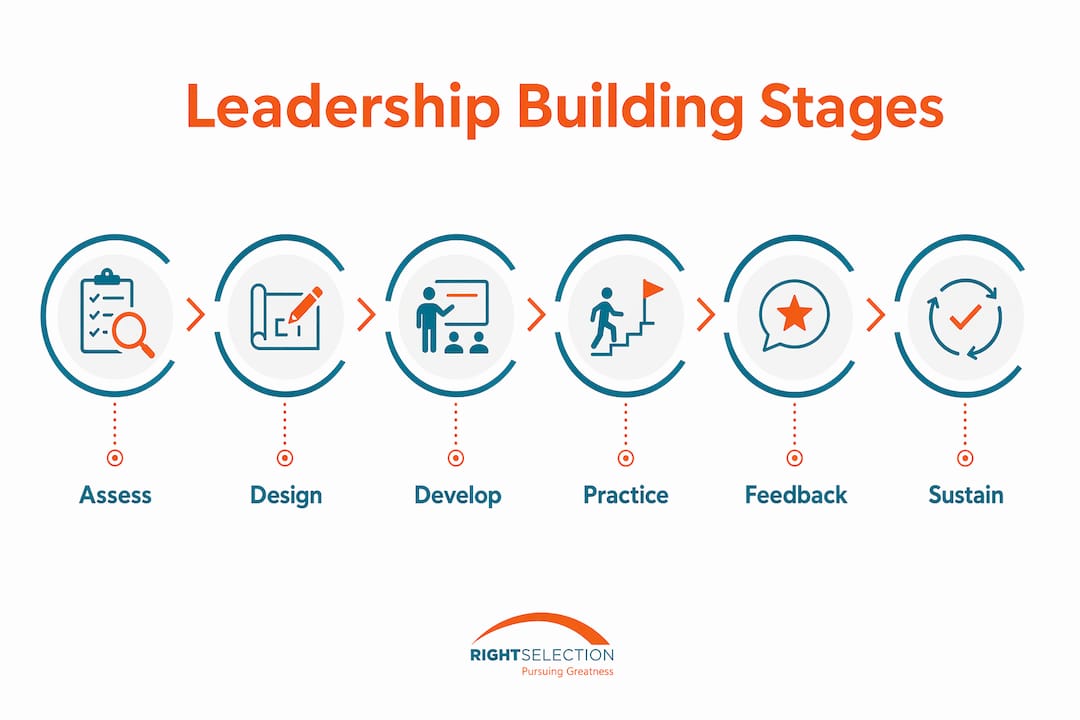 Infographic illustrating stages of leadership capability building process
