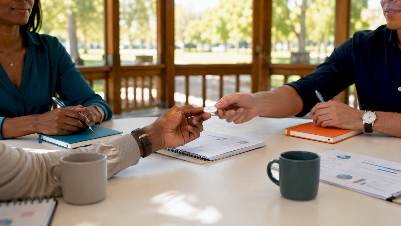 Hands passing facilitator token in peer coaching