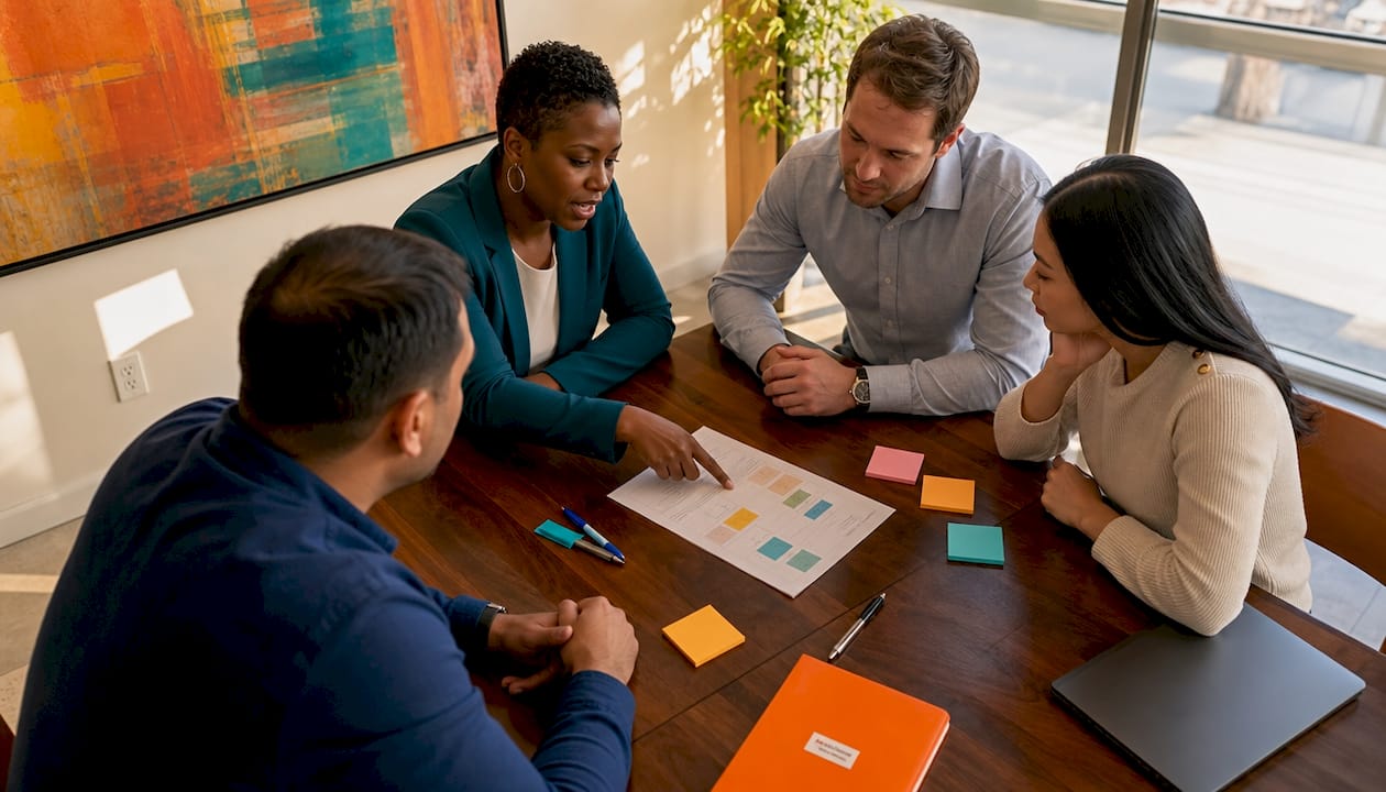 Team discussing leadership coaching session