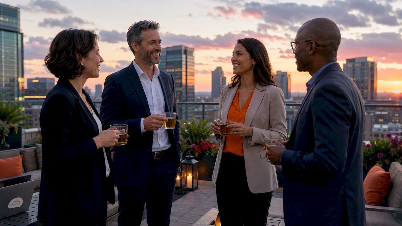 Leaders networking outdoors on rooftop deck