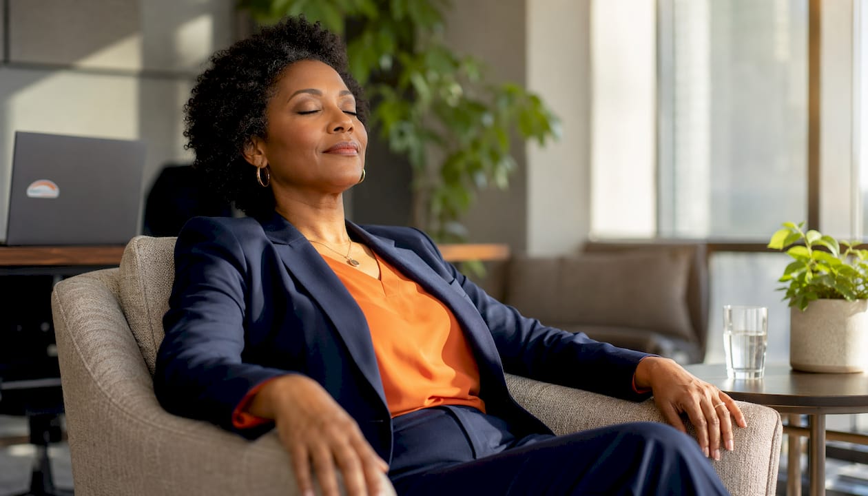 Businesswoman practicing composure exercise