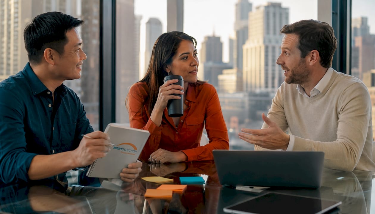 Executives discussing leadership coaching in office