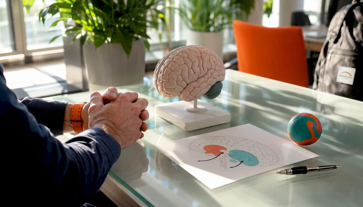 Hands with brain model and stress ball