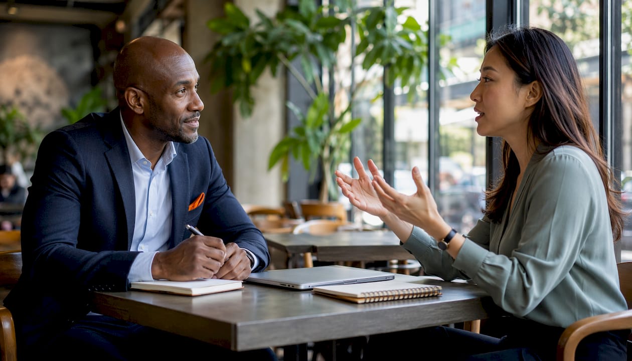 Coach and client in career transition conversation