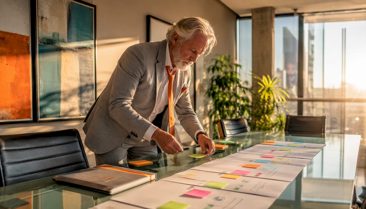 Executive arranging coaching timeline documents on desk