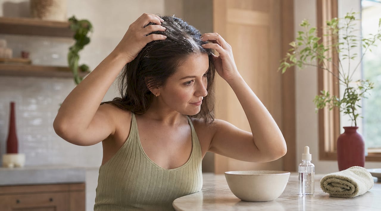 Woman applying topical hair growth product at home