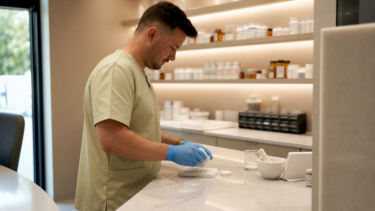 Pharmacist handling JAK inhibitor medication bottle