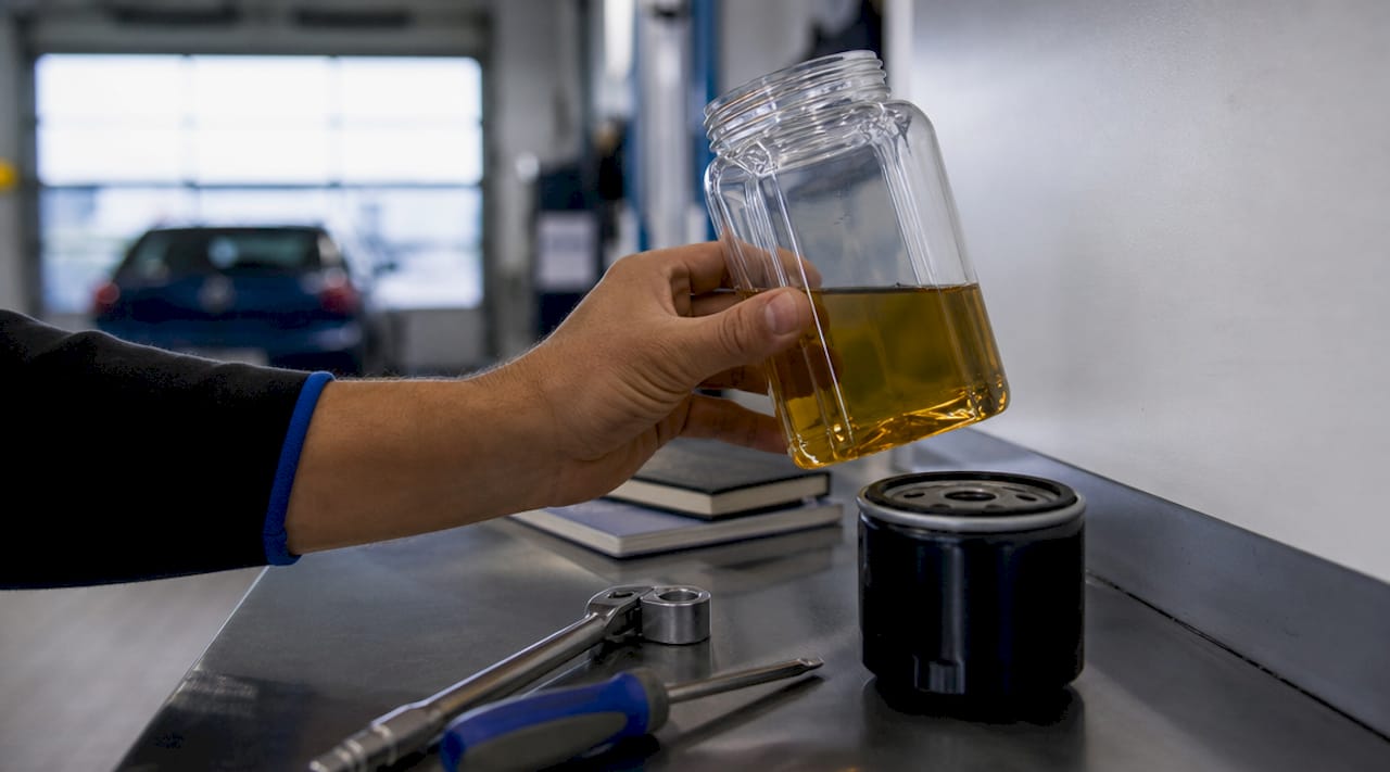 Hands holding Haldex fluid and filter under light