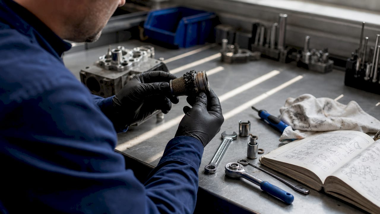 Hands holding clogged Haldex pump intake screen
