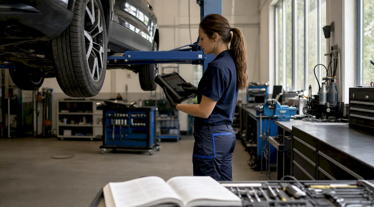 Technician using diagnostic tool on vehicle