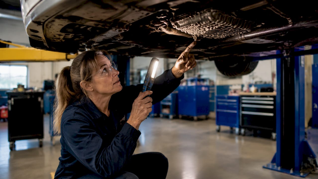 Technician inspecting Audi Haldex system undercarriage