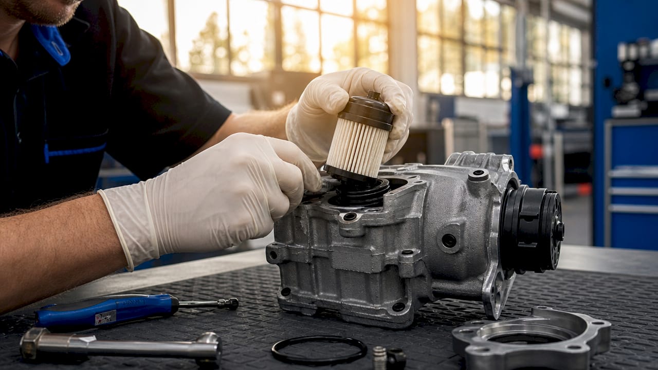 Technician replacing Haldex AWD fluid filter