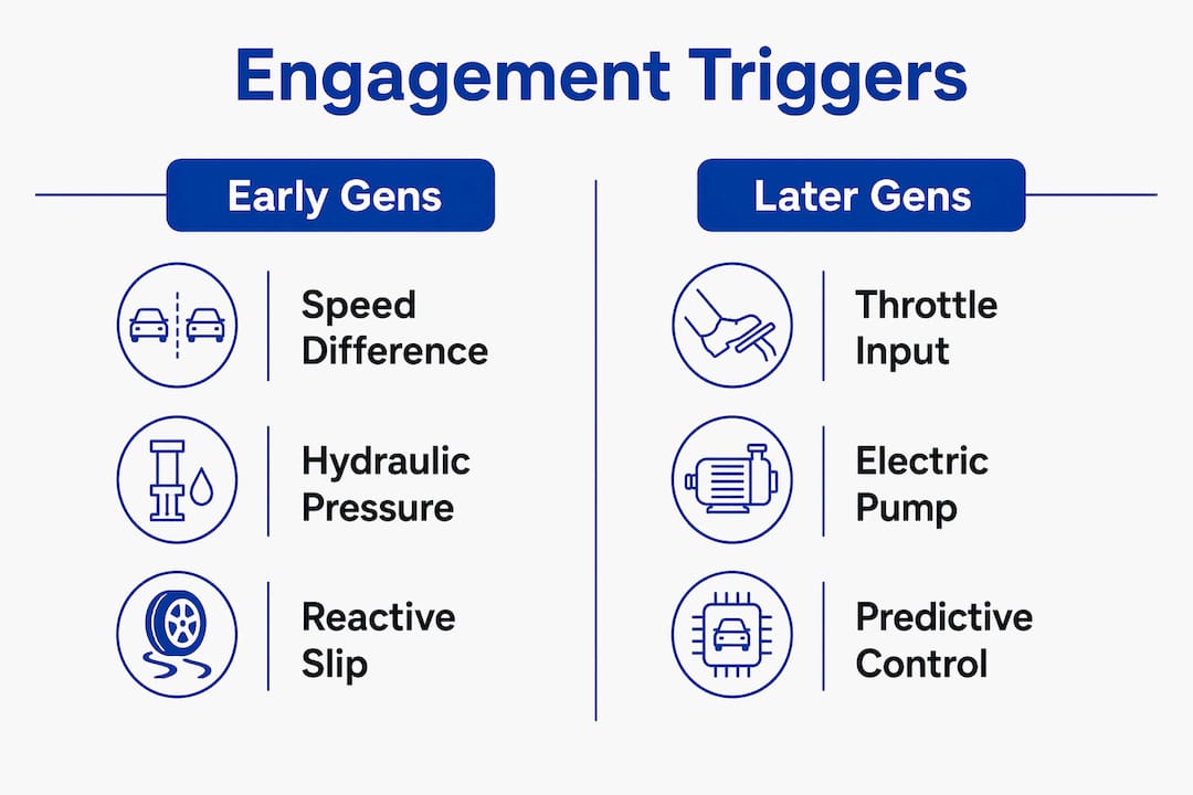 Infographic comparing Haldex engagement triggers by generation