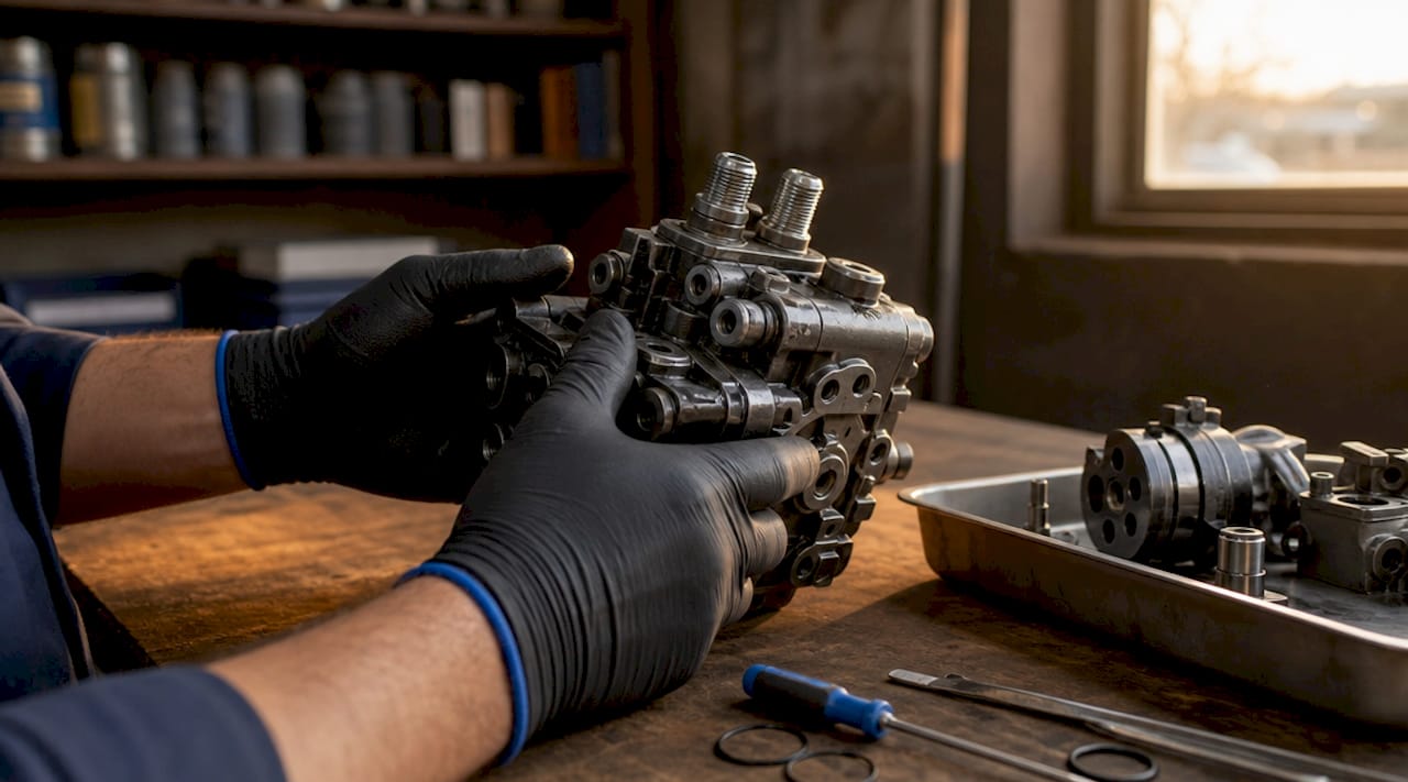 Close-up of hands holding Haldex piston pump parts