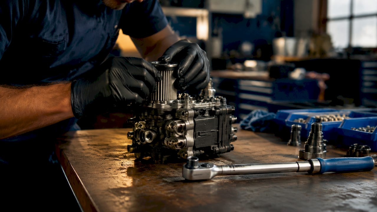 Hands installing OEM Haldex filter in hydraulic system