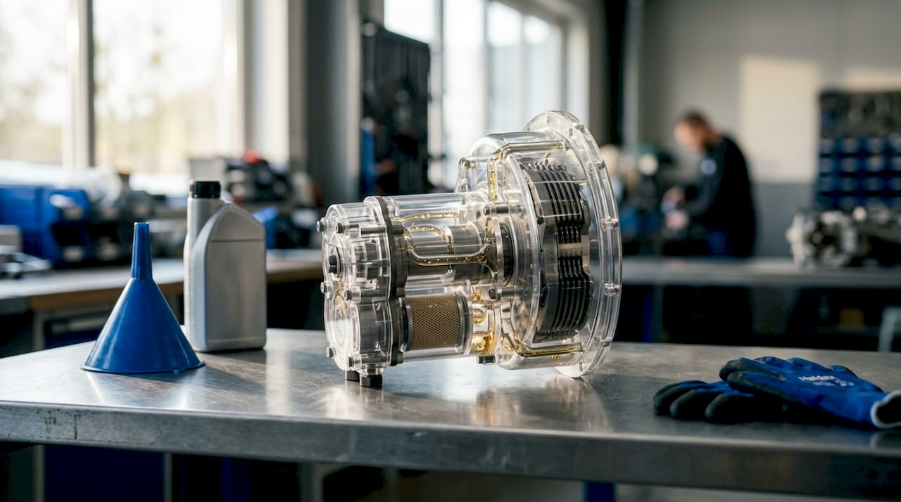 Close-up transparent model showing Haldex pump oil flow