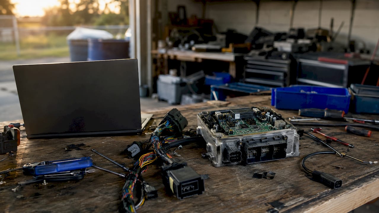 Close-up of Haldex controller parts on workbench