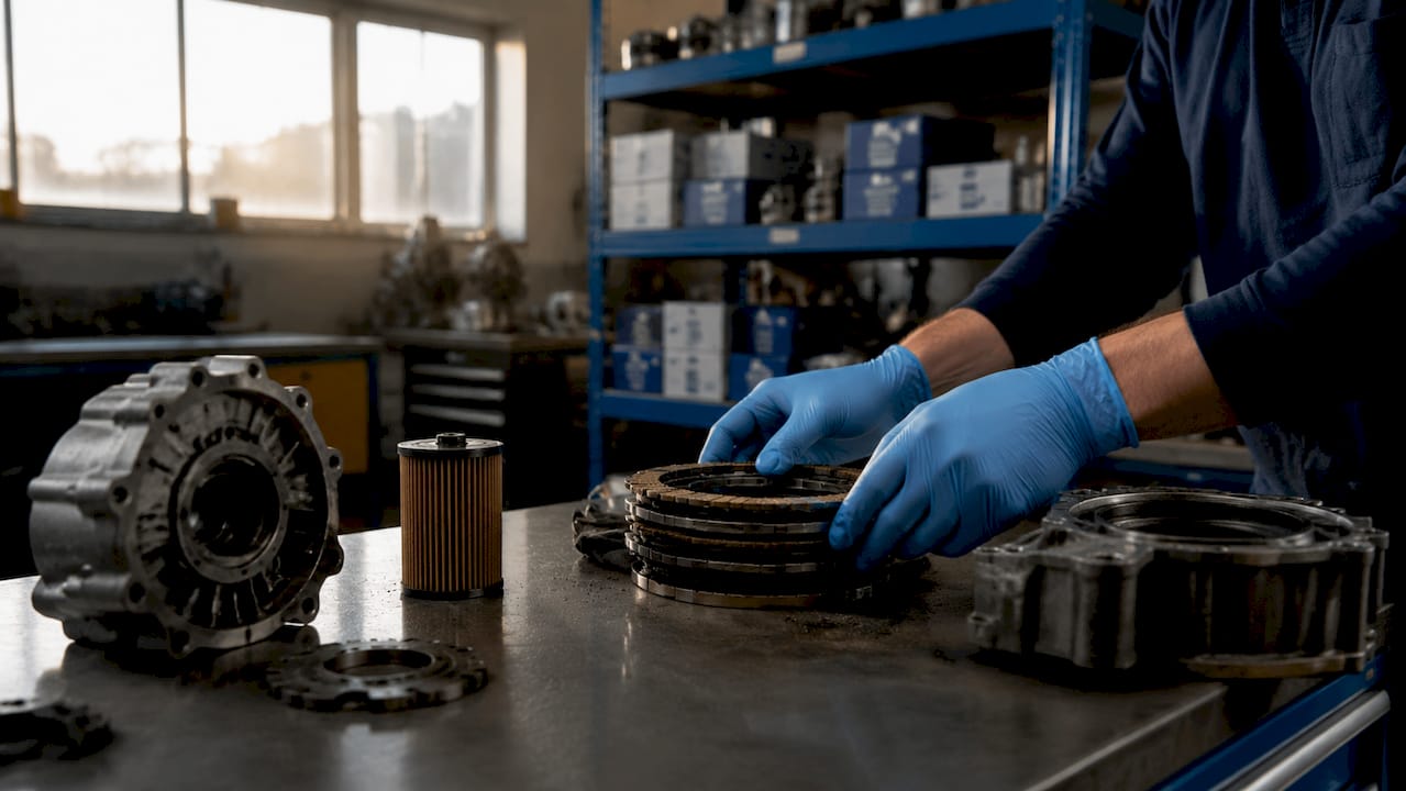 Close-up of Haldex clutch plates and oil filter on bench