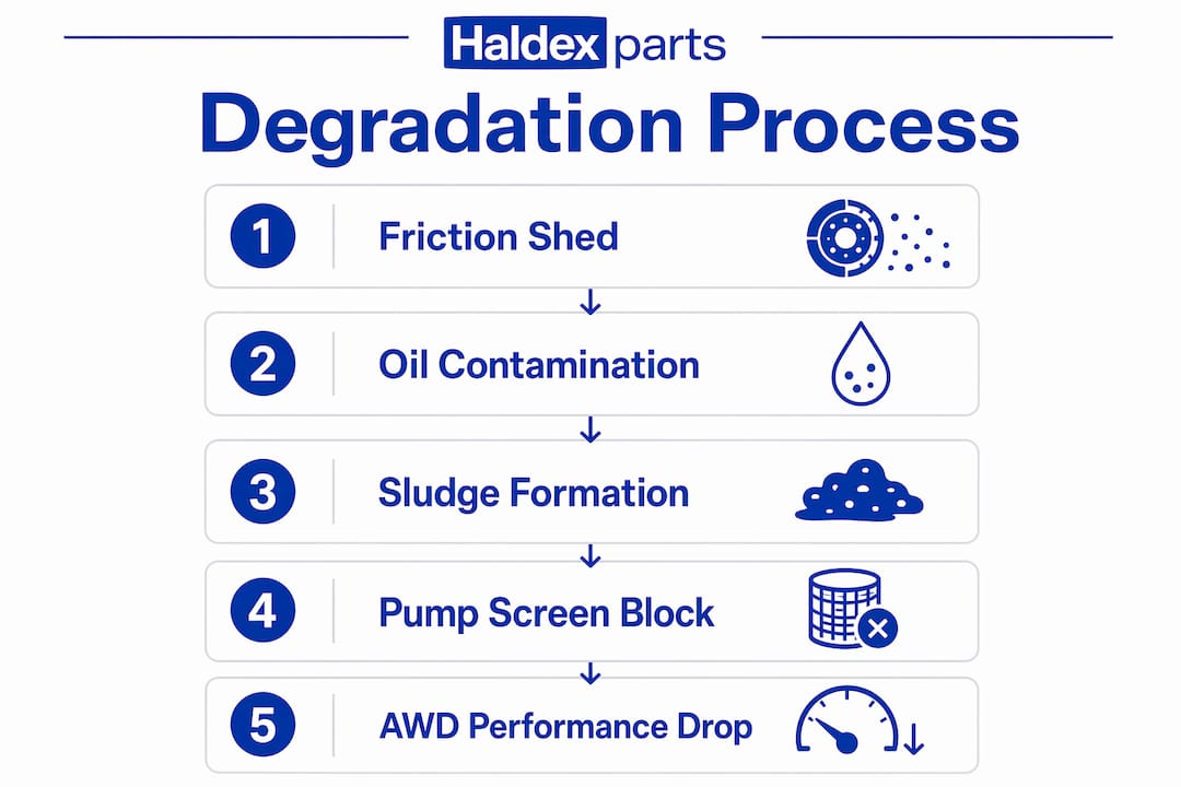 Infographic illustrating Haldex parts degradation stages