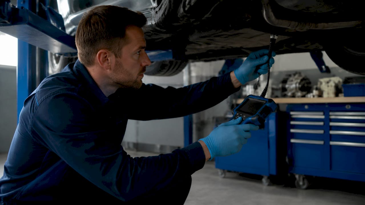 Hands using diagnostic tool on vehicle