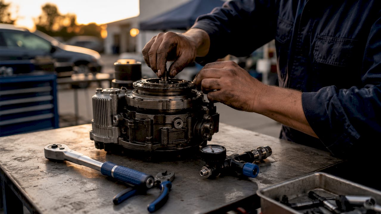 Technician adjusting Haldex clutch pump parts