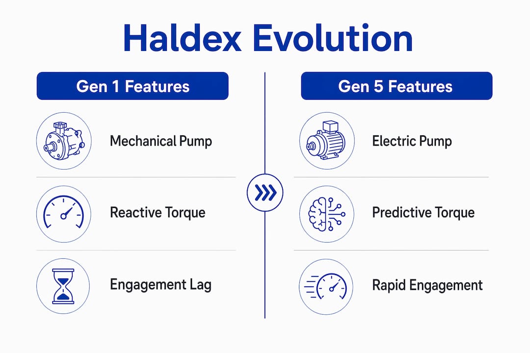 Infographic comparing Haldex Gen 1 and Gen 5 features