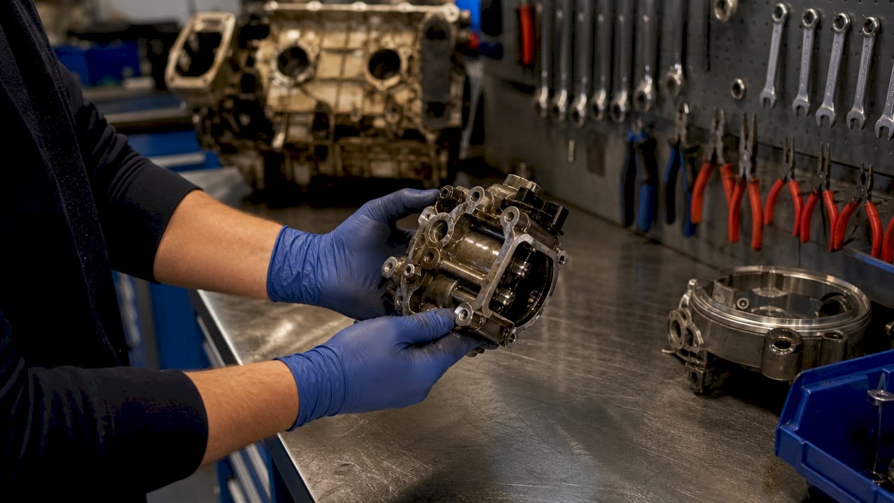 Hands inspecting Haldex oil pump on workbench