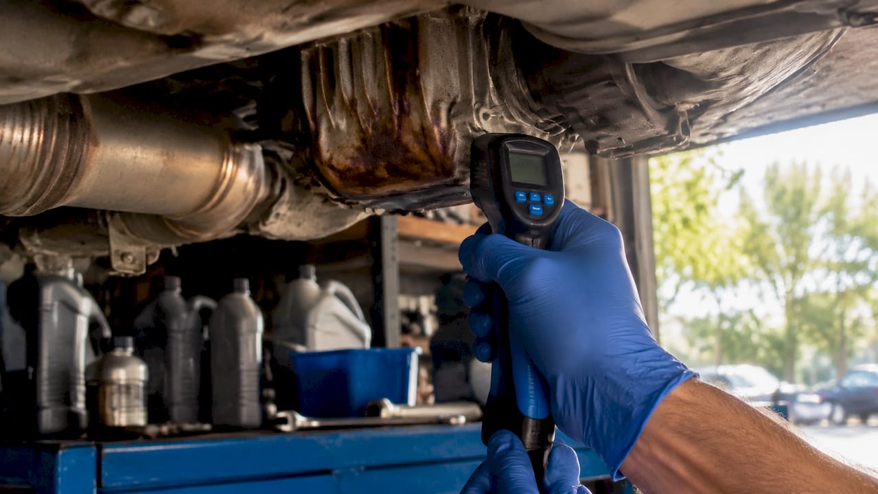 Mechanic measuring heat on Haldex coupling metal housing