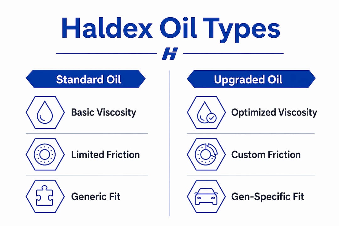 Infographic comparing standard vs upgraded Haldex oil types