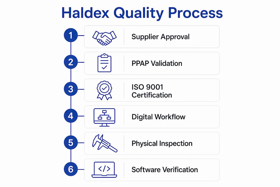 Infographic showing Haldex parts quality assurance process steps