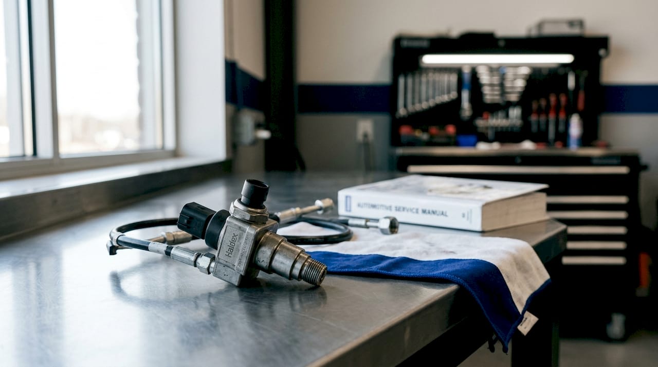Close-up of Haldex pressure sensor in hydraulic circuit