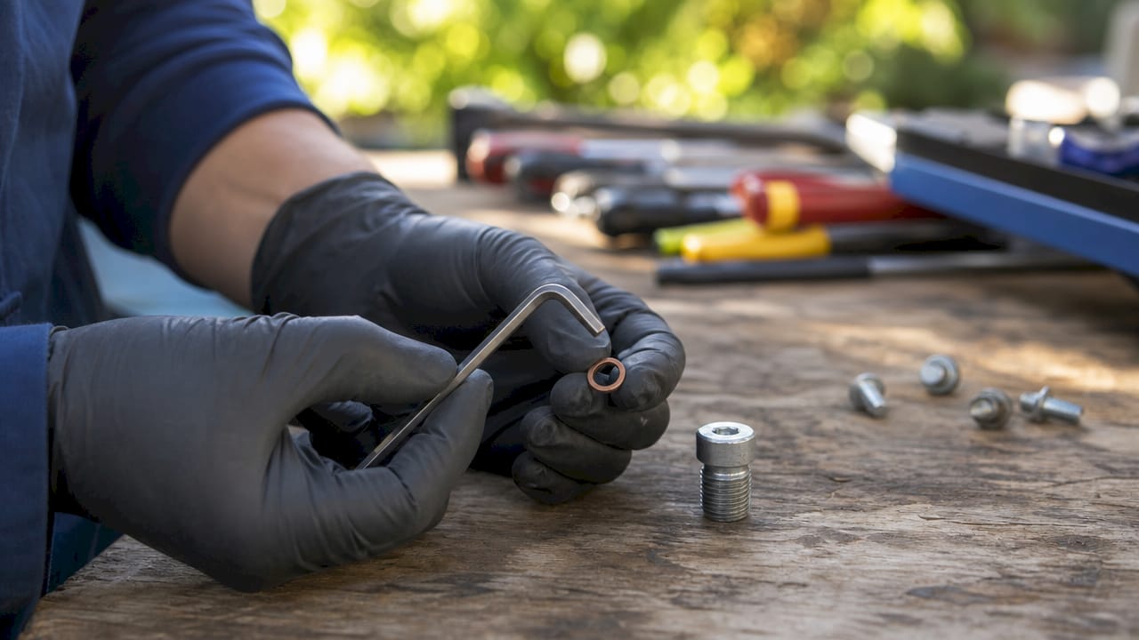 Close-up of hands holding Allen key and drain plug washer