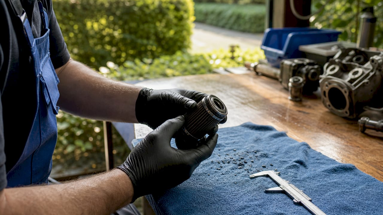 Hands inspecting Haldex hydraulic fluid filter debris