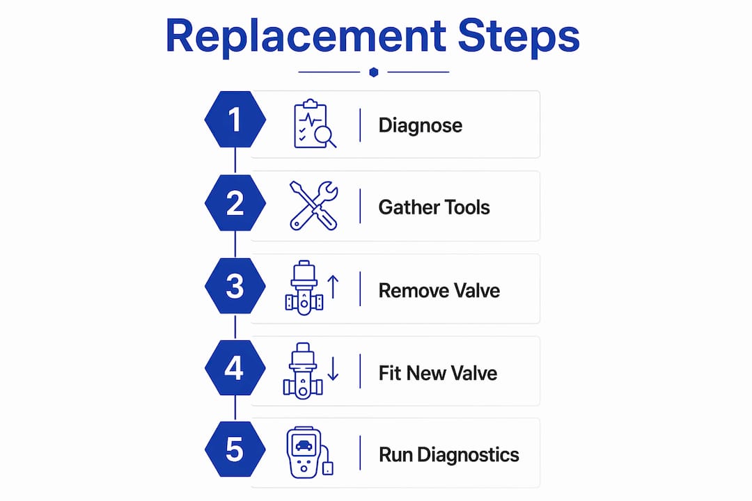 Infographic illustrating five steps of Haldex solenoid valve replacement