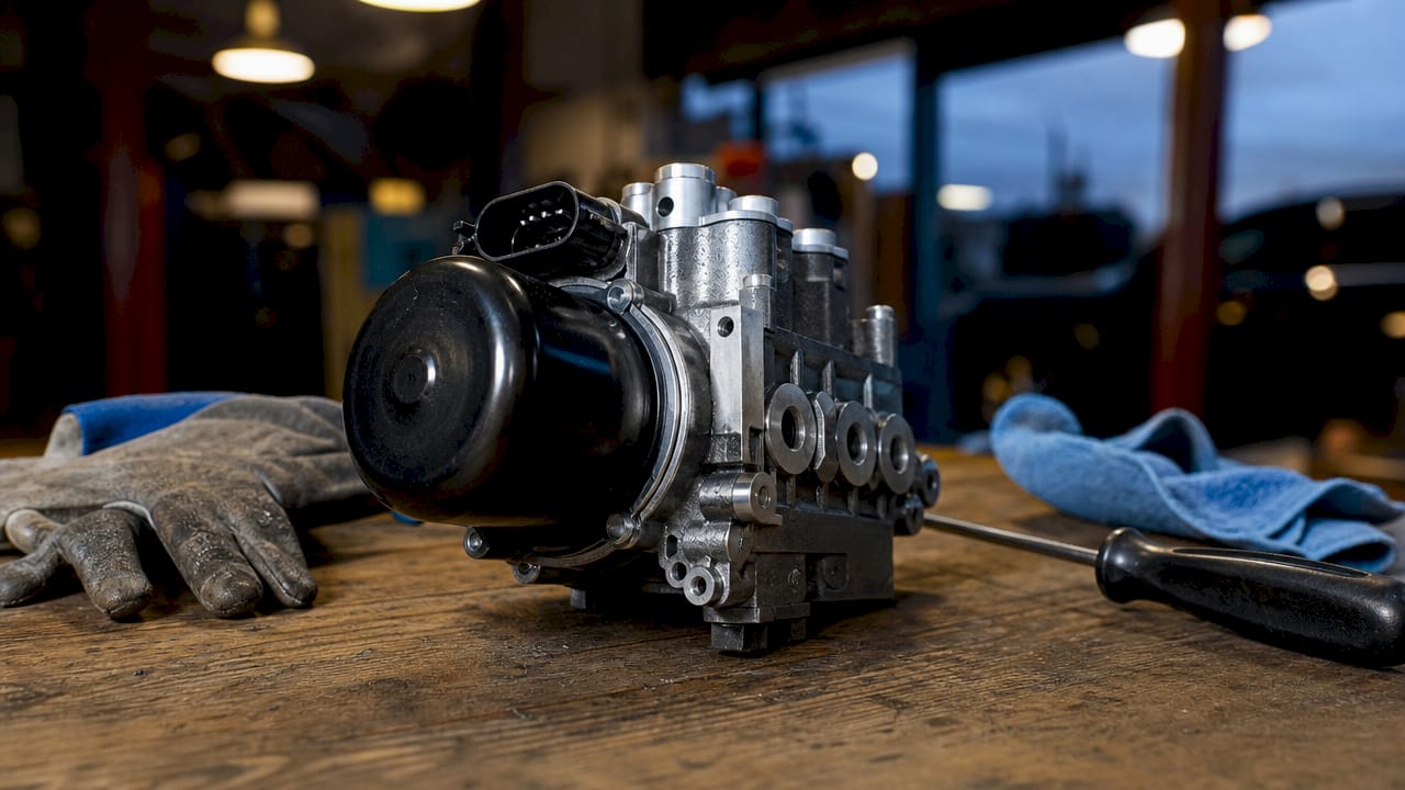 Close-up of Haldex N373 solenoid valve on workbench