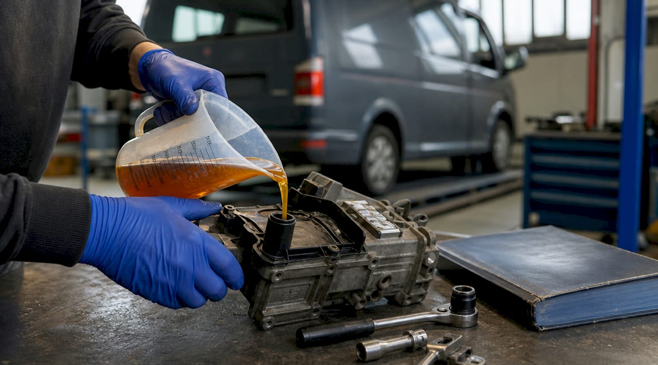 Hands measuring Haldex fluid for VW Transporter T5