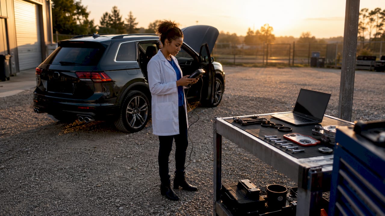 Engineer using diagnostic tool on AWD system