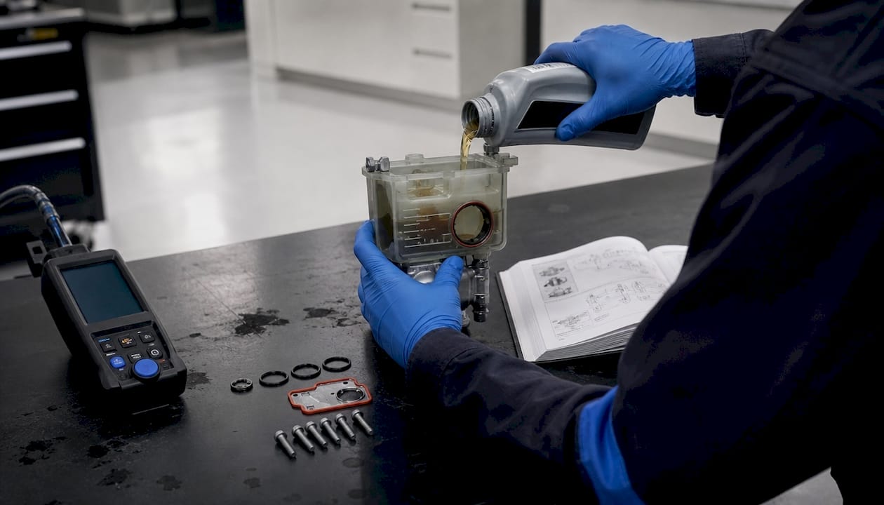 Hands pouring fluid into Haldex AWD coupling